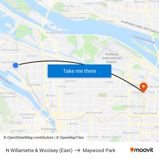 N Willamette & Woolsey (East) to Maywood Park map