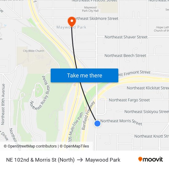 NE 102nd & Morris St (North) to Maywood Park map