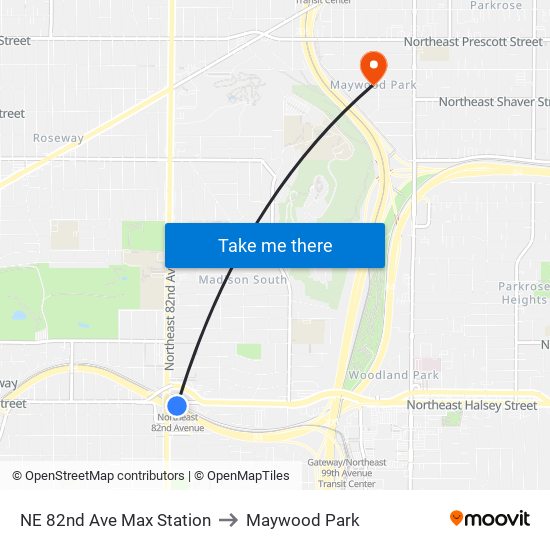 NE 82nd Ave Max Station to Maywood Park map
