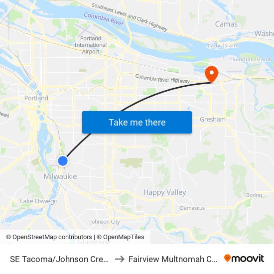 SE Tacoma/Johnson Creek Max Station to Fairview Multnomah County OR USA map