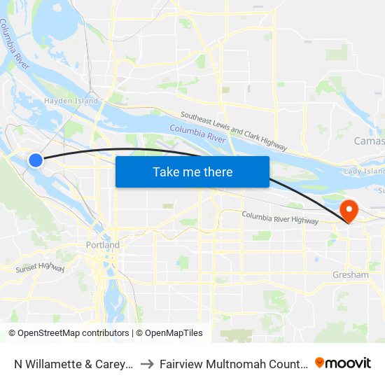 N Willamette & Carey (North) to Fairview Multnomah County OR USA map