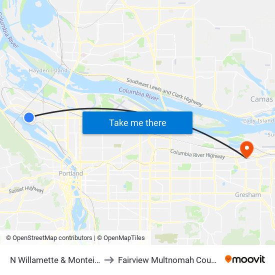 N Willamette & Monteith (West) to Fairview Multnomah County OR USA map