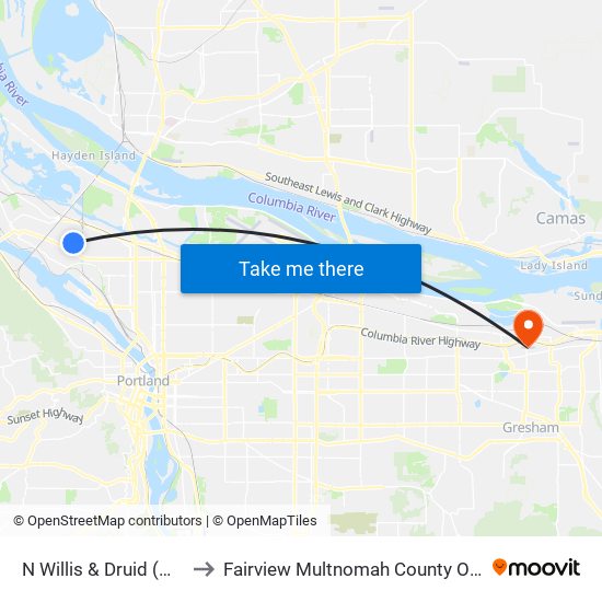 N Willis & Druid (West) to Fairview Multnomah County OR USA map