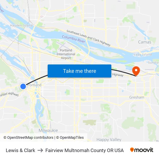 Lewis & Clark to Fairview Multnomah County OR USA map