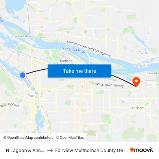 N Lagoon & Anchor to Fairview Multnomah County OR USA map