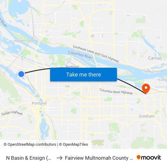 N Basin & Ensign (South) to Fairview Multnomah County OR USA map