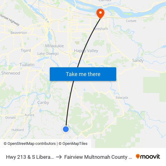 Hwy 213 & S Liberal Way to Fairview Multnomah County OR USA map