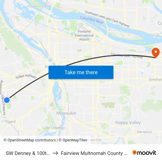 SW Denney & 100th Ter to Fairview Multnomah County OR USA map