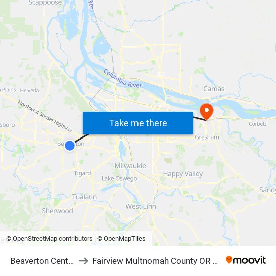 Beaverton Central to Fairview Multnomah County OR USA map