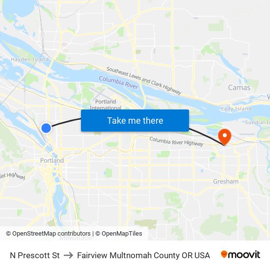 N Prescott St to Fairview Multnomah County OR USA map