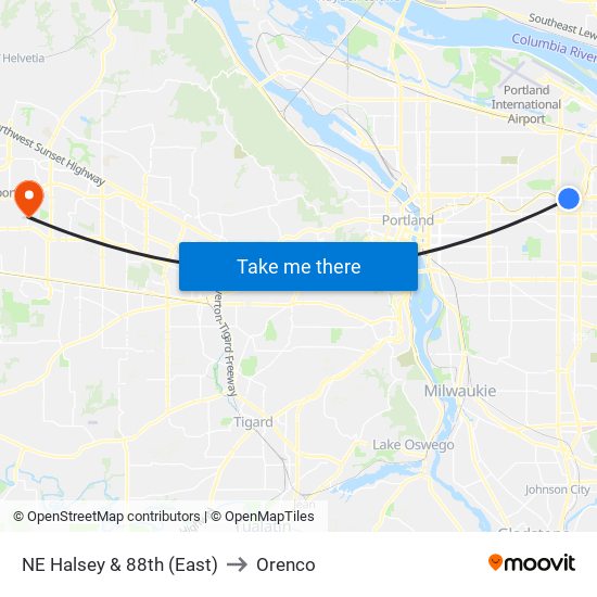 NE Halsey & 88th (East) to Orenco map