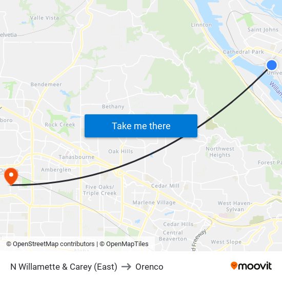 N Willamette & Carey (East) to Orenco map