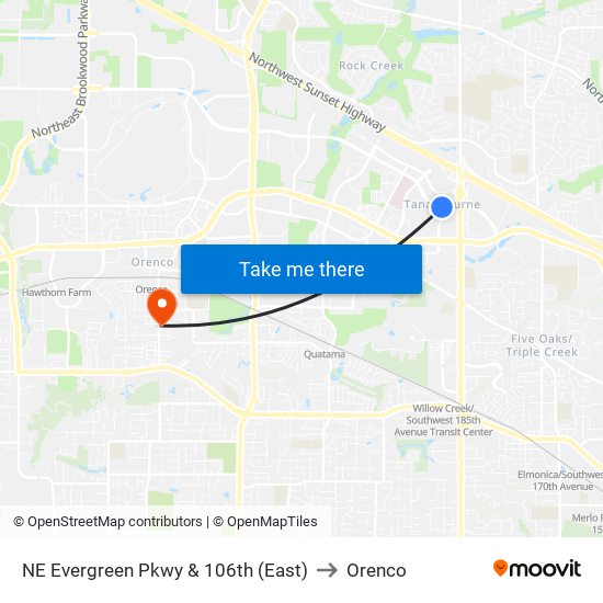 NE Evergreen Pkwy & 106th (East) to Orenco map