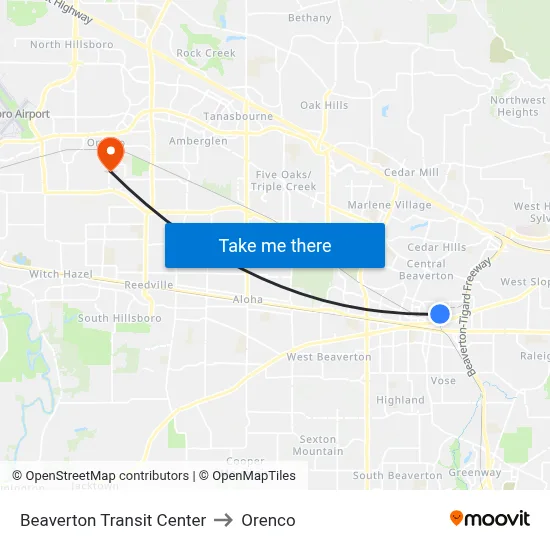 Beaverton Transit Center to Orenco map