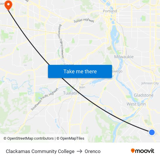 Clackamas Community College to Orenco map
