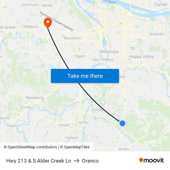 Hwy 213 & S Alder Creek Ln to Orenco map