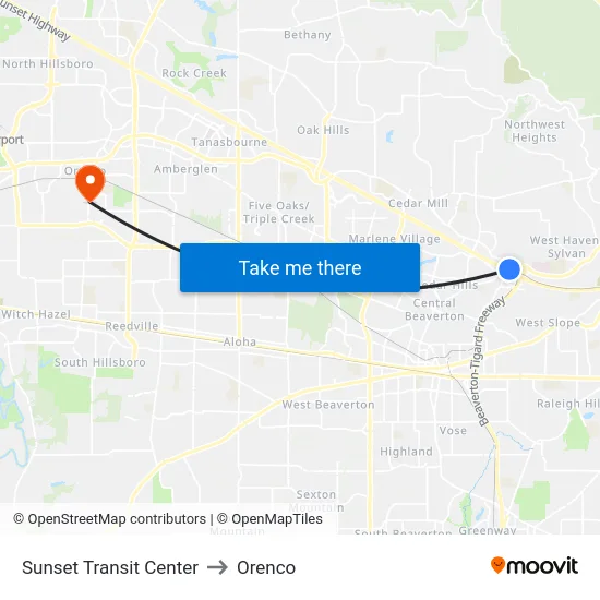 Sunset Transit Center to Orenco map