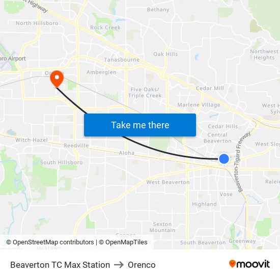 Beaverton TC Max Station to Orenco map