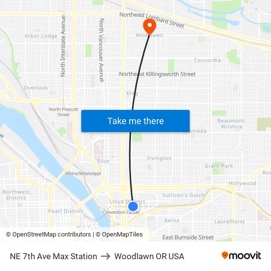 NE 7th Ave Max Station to Woodlawn OR USA map