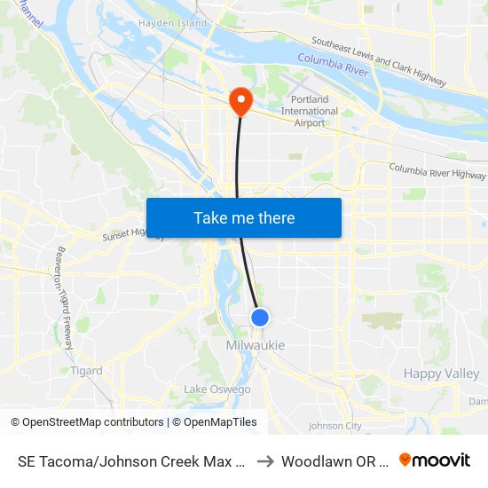 SE Tacoma/Johnson Creek Max Station to Woodlawn OR USA map