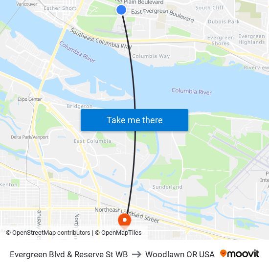 Evergreen Blvd & Reserve St WB to Woodlawn OR USA map