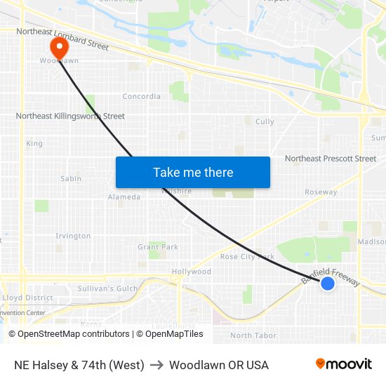 NE Halsey & 74th (West) to Woodlawn OR USA map