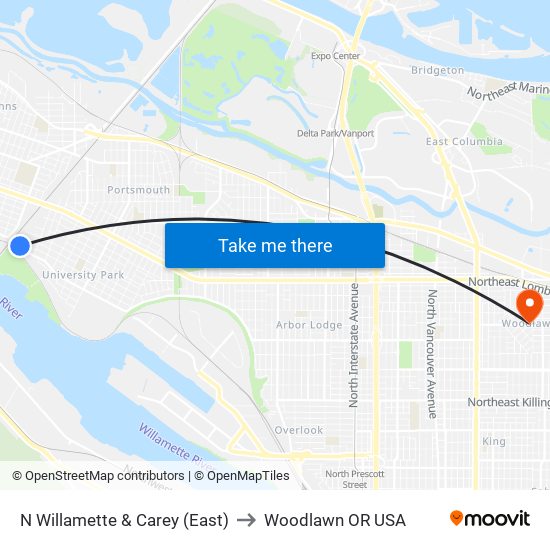 N Willamette & Carey (East) to Woodlawn OR USA map