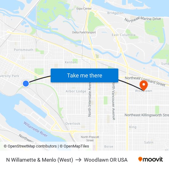 N Willamette & Menlo (West) to Woodlawn OR USA map