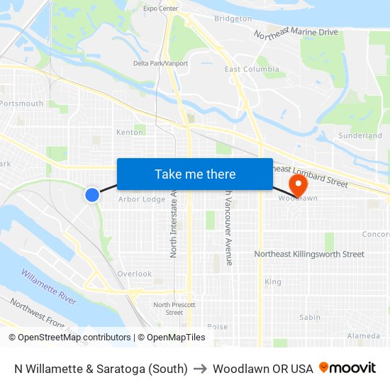 N Willamette & Saratoga (South) to Woodlawn OR USA map