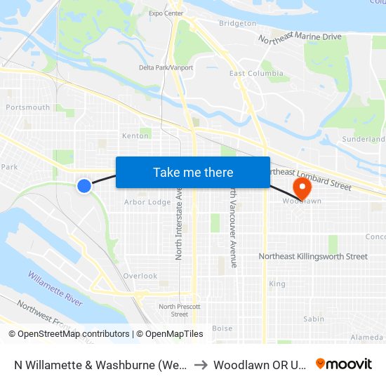 N Willamette & Washburne (West) to Woodlawn OR USA map