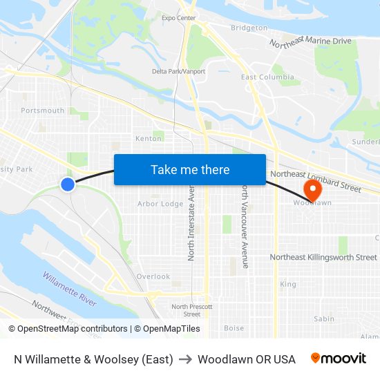 N Willamette & Woolsey (East) to Woodlawn OR USA map