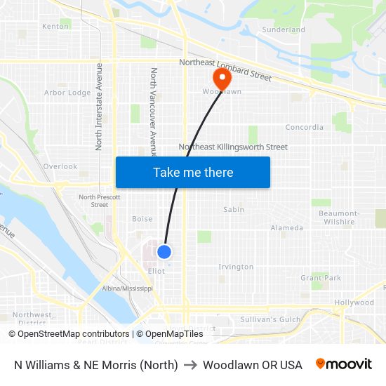 N Williams & NE Morris (North) to Woodlawn OR USA map