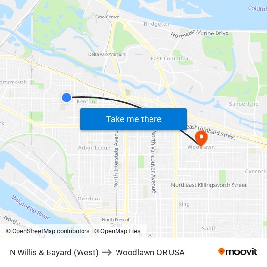 N Willis & Bayard (West) to Woodlawn OR USA map