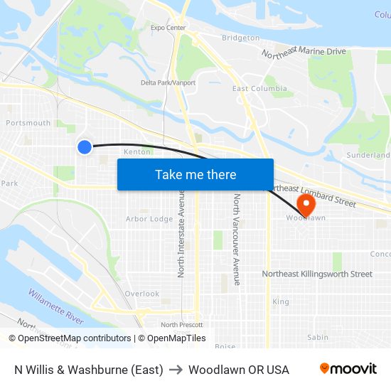 N Willis & Washburne (East) to Woodlawn OR USA map