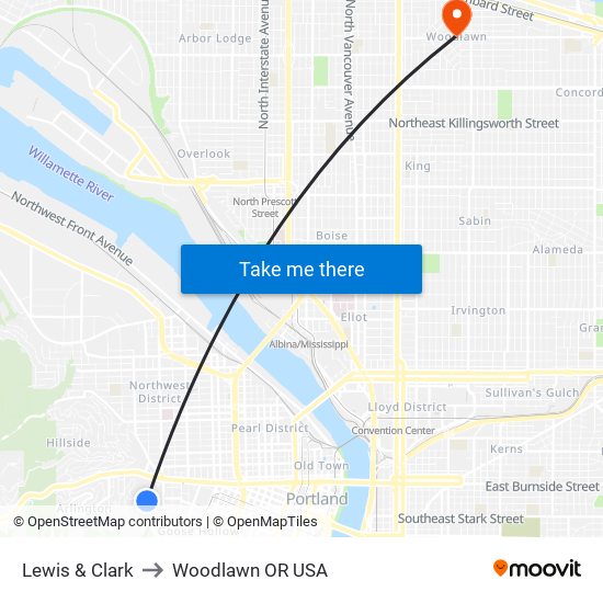 Lewis & Clark to Woodlawn OR USA map