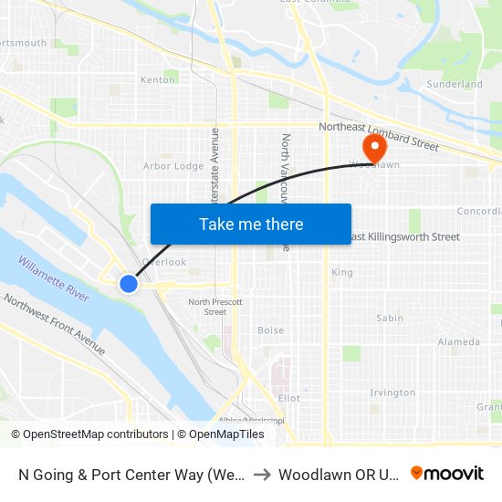 N Going & Port Center Way (West) to Woodlawn OR USA map