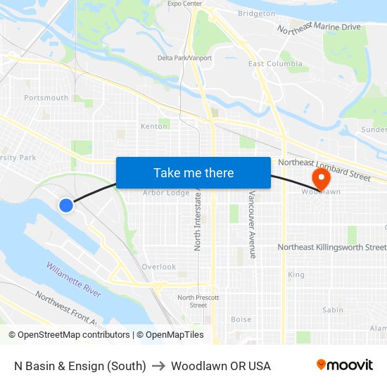 N Basin & Ensign (South) to Woodlawn OR USA map