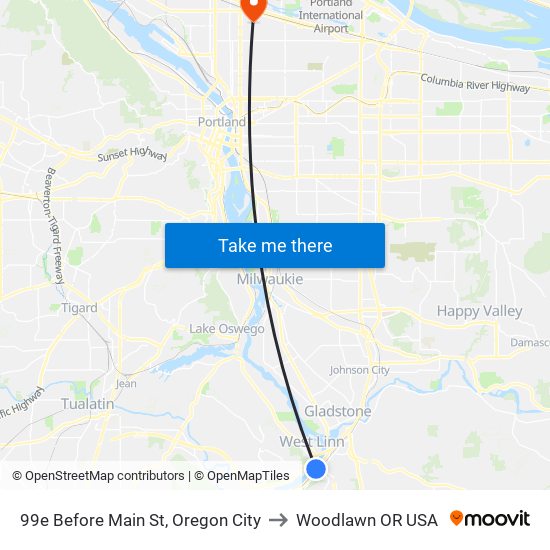 99e Before Main St, Oregon City to Woodlawn OR USA map