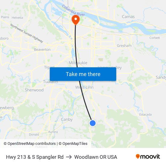 Hwy 213 & S Spangler Rd to Woodlawn OR USA map