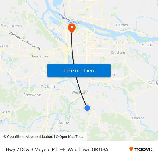 Hwy 213 & S Meyers Rd to Woodlawn OR USA map