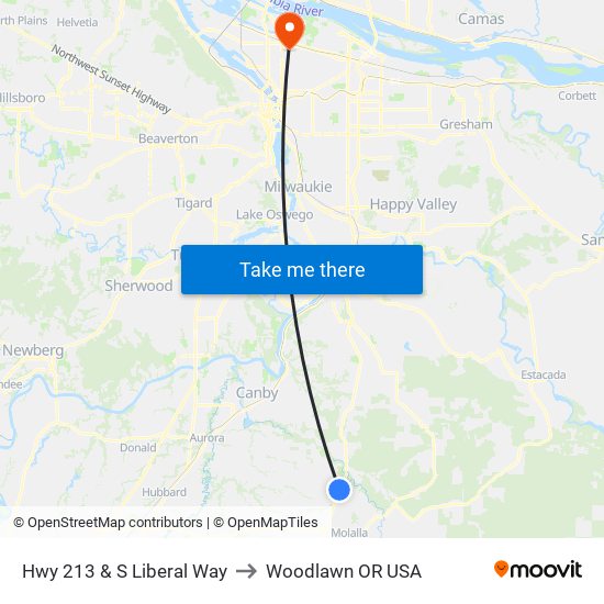 Hwy 213 & S Liberal Way to Woodlawn OR USA map