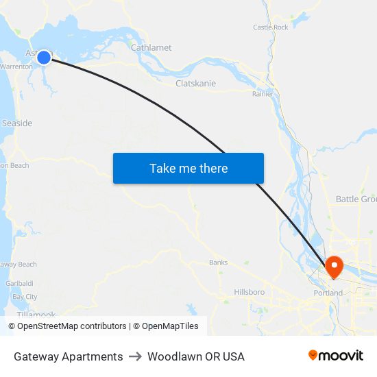 Gateway Apartments to Woodlawn OR USA map