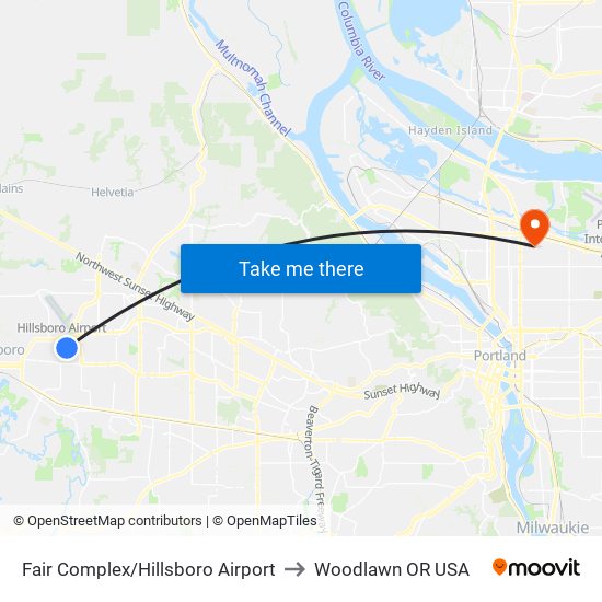 Fair Complex/Hillsboro Airport to Woodlawn OR USA map