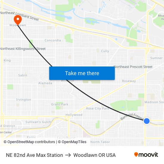 NE 82nd Ave Max Station to Woodlawn OR USA map