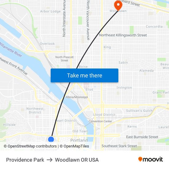Providence Park to Woodlawn OR USA map