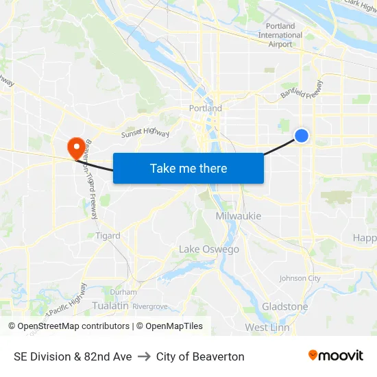 SE Division & 82nd Ave to City of Beaverton map