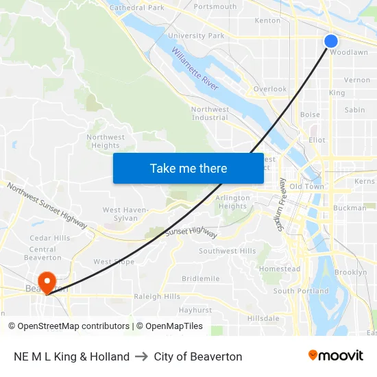 NE M L King & Holland to City of Beaverton map