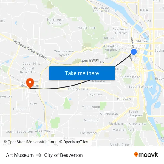 Art Museum to City of Beaverton map