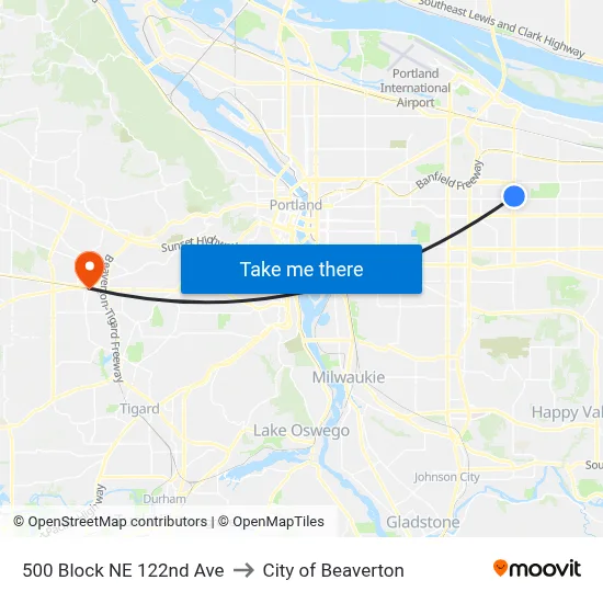 500 Block NE 122nd Ave to City of Beaverton map