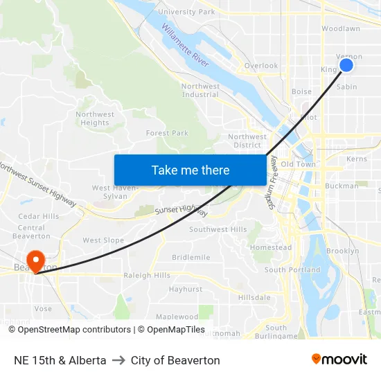 NE 15th & Alberta to City of Beaverton map